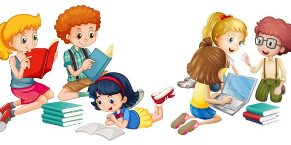Kids reading books and working on computer Kids reading books and working on computer illustration